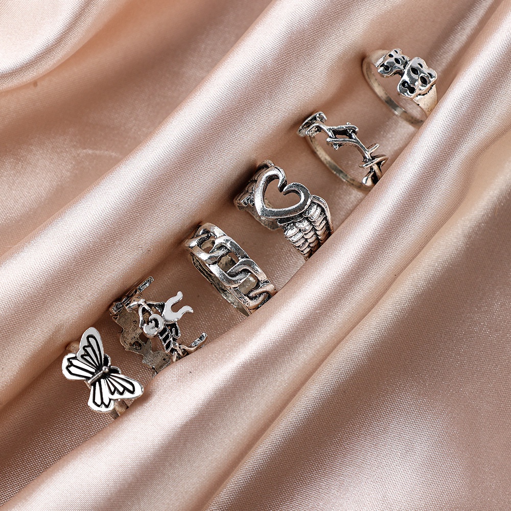 Set 6 Nhẫn Hợp Kim Bạc Hình Cánh Thiên Thần/Trái Tim/Đầu Lâu Phong Cách Gothic Punk Vintage Thời Trang Dự Tiệc Dành Cho Nữ/Nữ