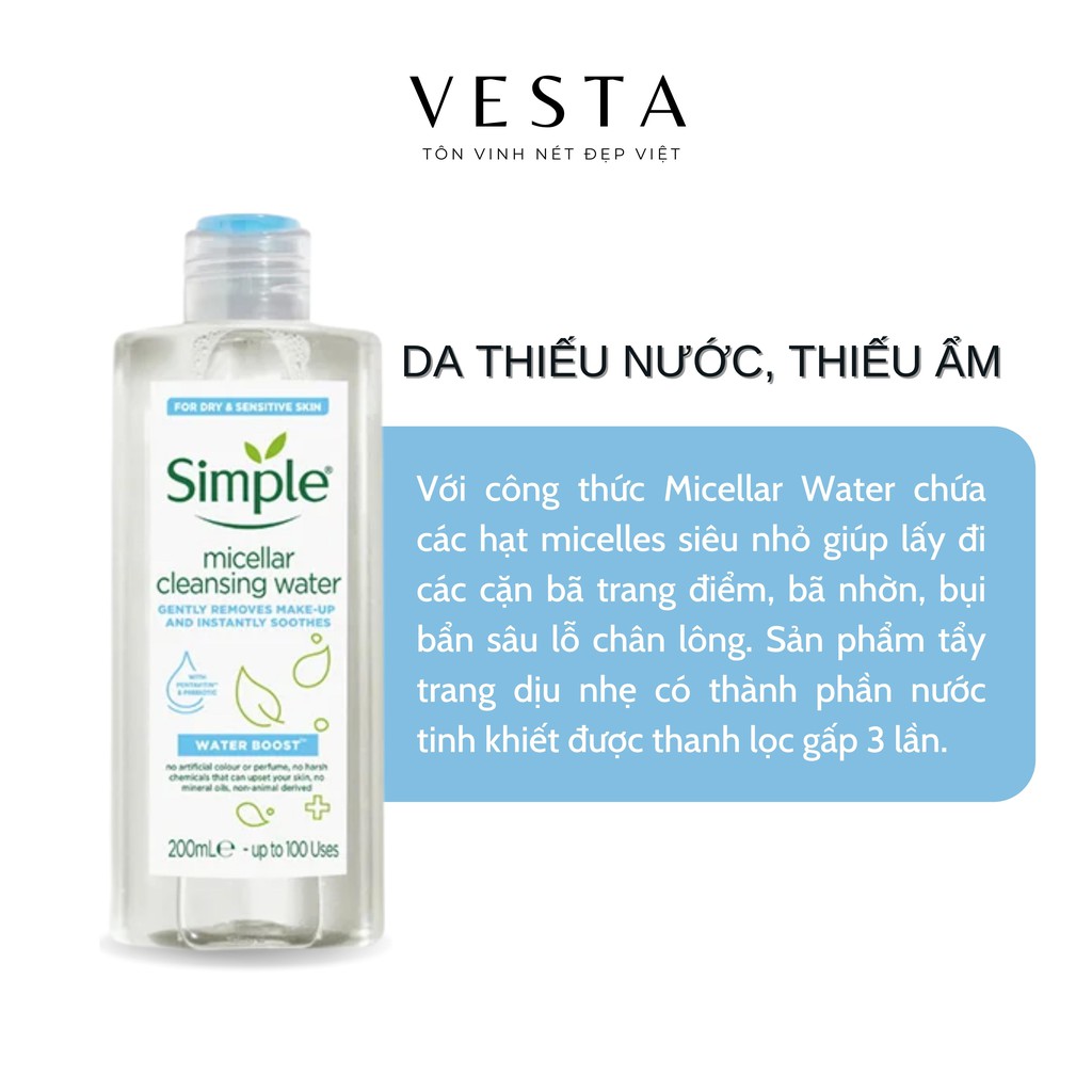 Nước Tẩy Trang Simple Cấp Ẩm Cho Da Khô Water Boost 200ml