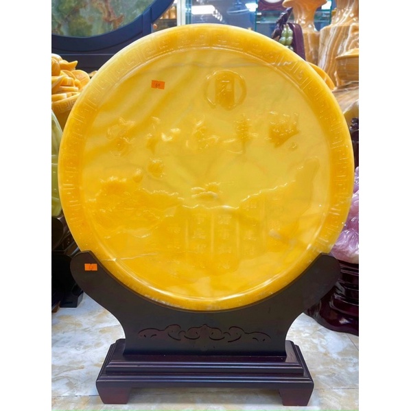 Đồng Tiền, Ngọc Đồng Tâm Chạm Khắc Rơi Ngũ Phúc Tuyệt Đỉnh Đk 50cm - Cao Kèm Đế 65cm