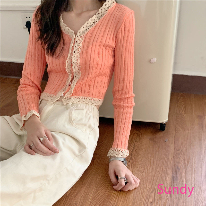 Áo Lửng Dệt Kim Tay Dài Phối Ren Thời Trang Mùa Thu Dành Cho Bạn Nữ