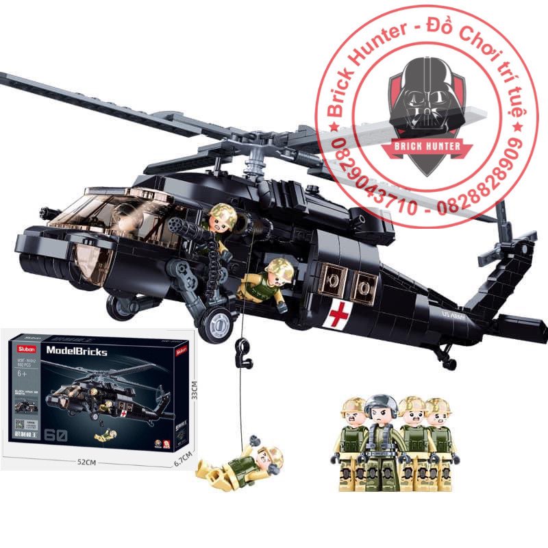 Army Sluban M38 B1012 Bộ đồ chơi lắp ráp máy bay trực thăng UH-60 Blackhawk Diều Hâu Đen của Mỹ  xếp hình thông minh 692