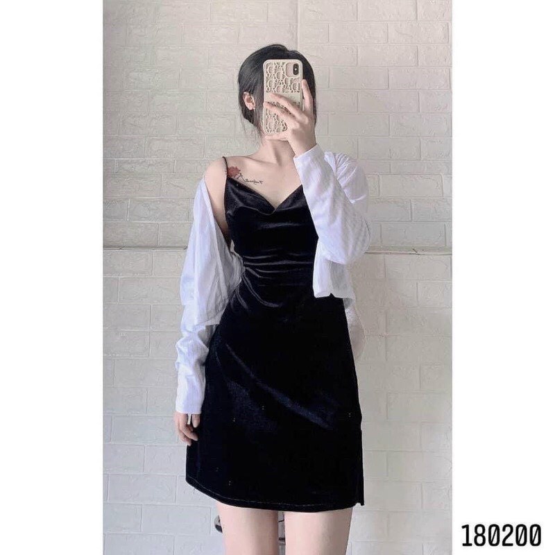 sét đầm nhung 2 dây phối áo khoác