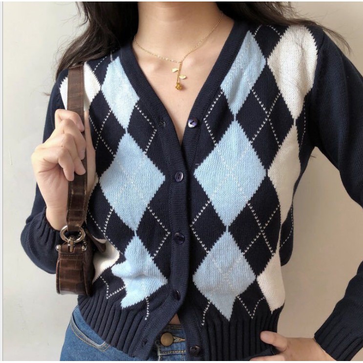 Áo khoác len cardigan họa tiết caro kẻ ô cổ tim chữ V mùa thu đông dành cho nữ tay dài KL30