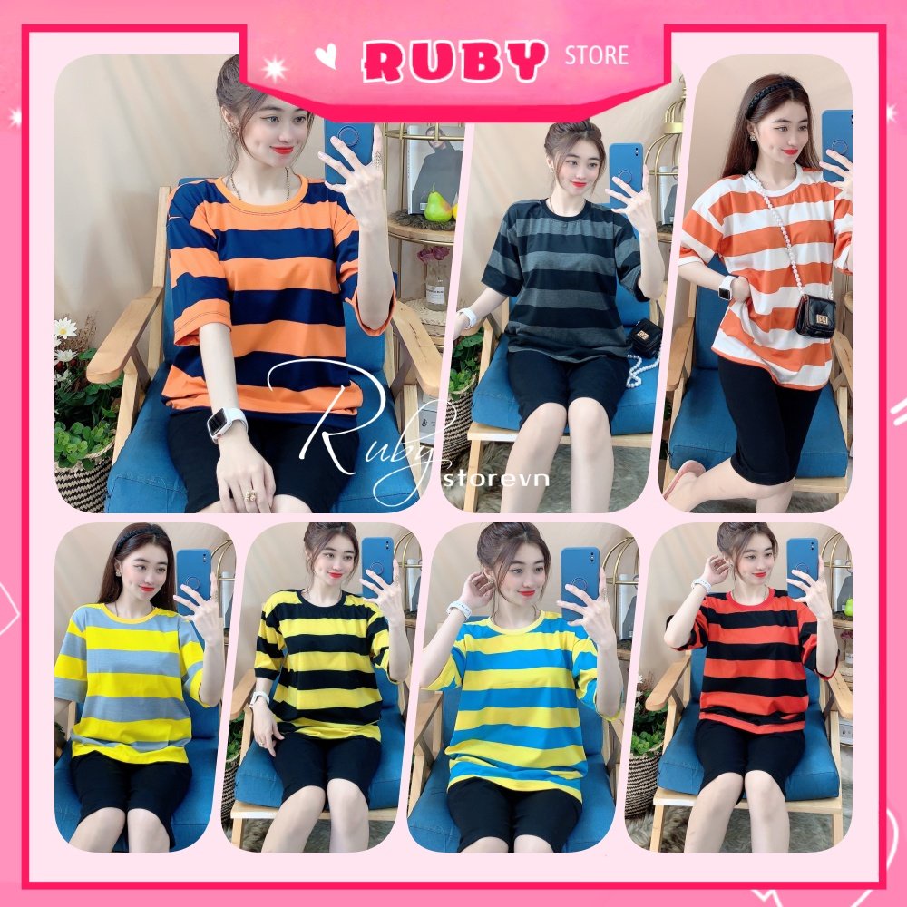 Đồ bộ thun lửng cho nữ mặc nhà chất vải mềm mát phối sọc in họa tiết xinh xắn DBRBLCT