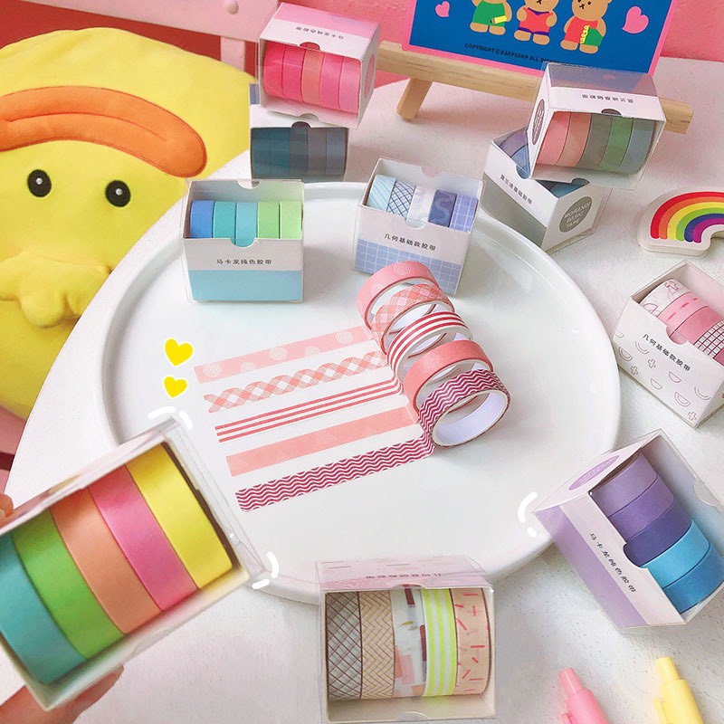 Bộ 5 Cuộn Băng Dính Washi tape màu moradi/retro họa tiết dễ thương dùng trang trí nhật kí / sổ lưu niệm đáng yêu giá rẻ