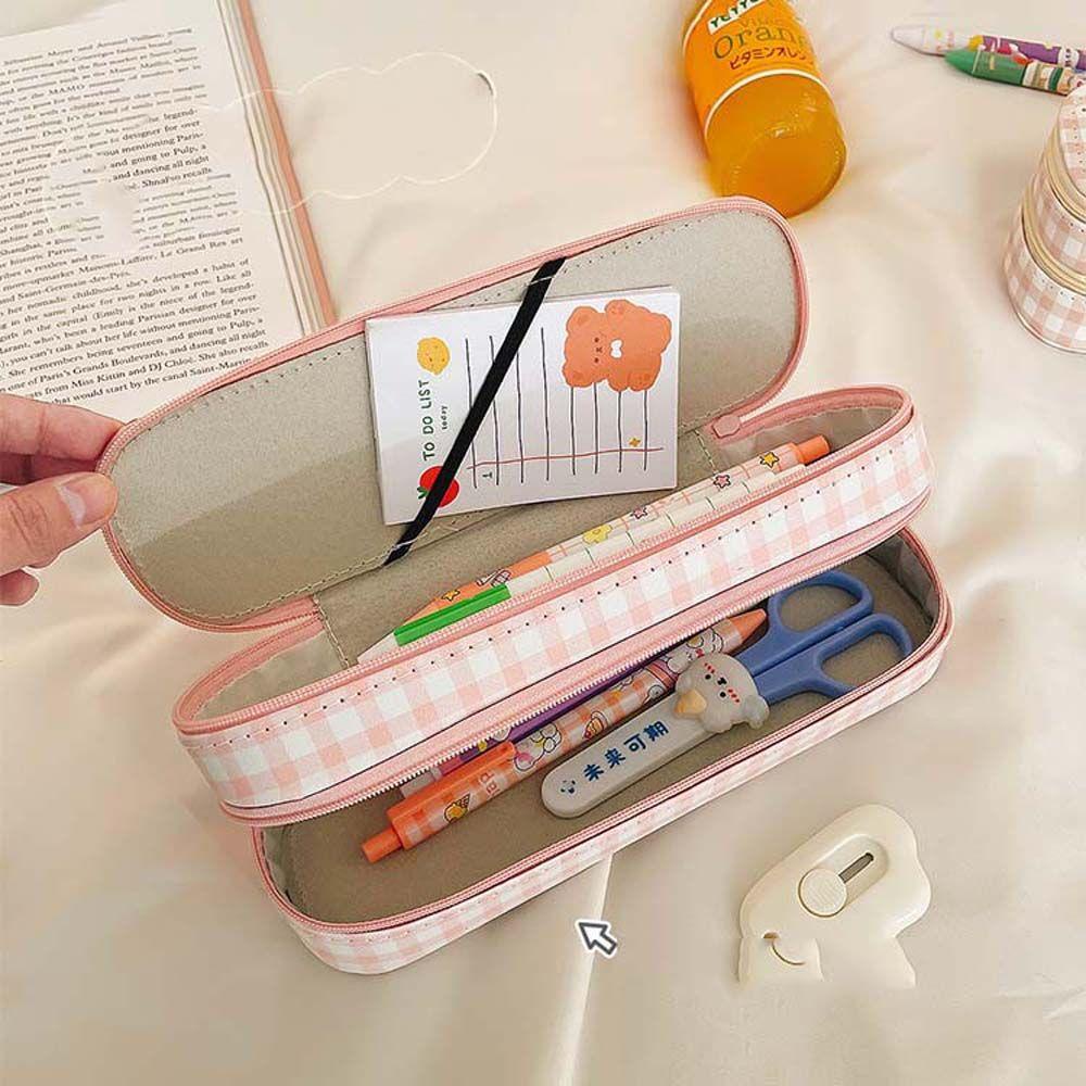 Túi Đựng Bút Sức Chứa Lớn In Họa Tiết Kẻ Ô Dễ Thương Cho Bé Ốp