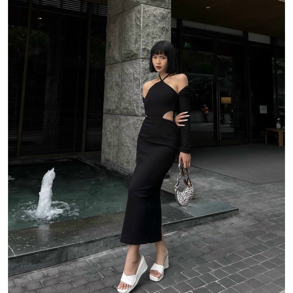 Đầm ôm body đen cutout khoét eo cổ yếm siêu xịn siêu se khoe eo váy đi bar dự tiệc dạo phố chụp ảnh Kawaii