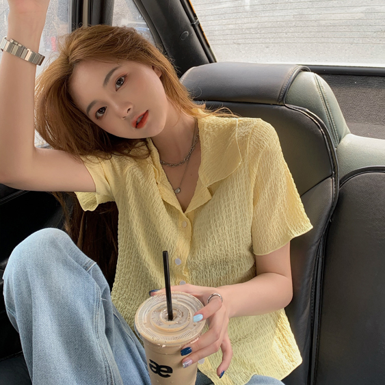 Áo Sơ Mi Tay Ngắn Màu Trơn Phong Cách Hàn Quốc Cho Nữ