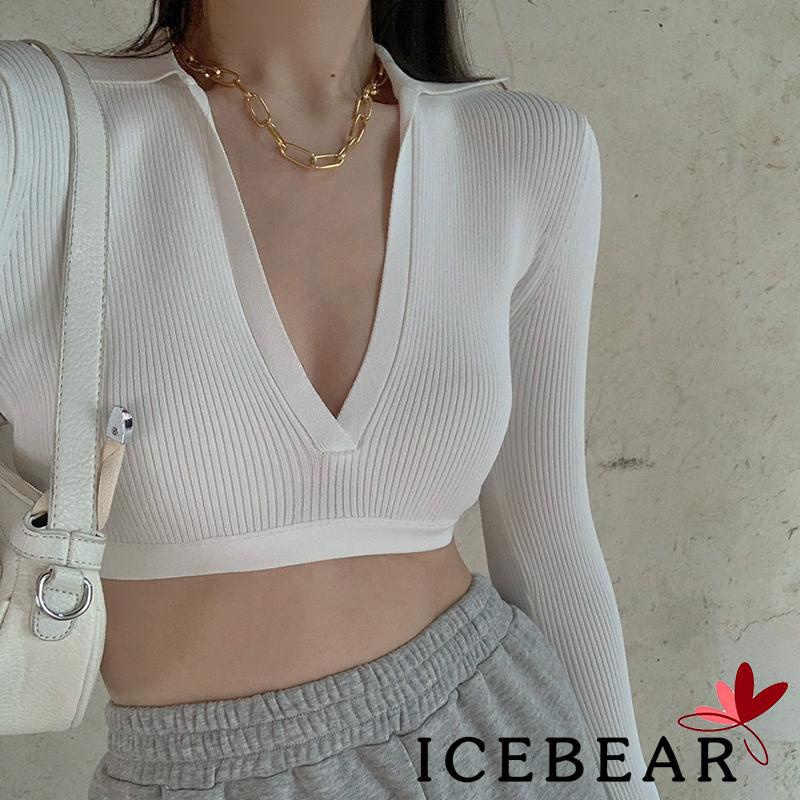 Áo Croptop Dệt Kim Tay Dài Cổ Chữ V Khoét Sâu Màu Trơn Thắt Nơ Sau Lưng Thời Trang Cho Nữ