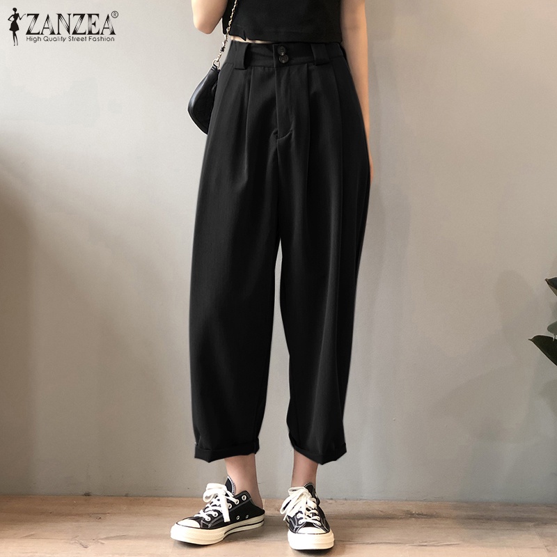 Quần dài ống suông lưng cao ZANZEA màu trơn phong cách thời trang cho nữ