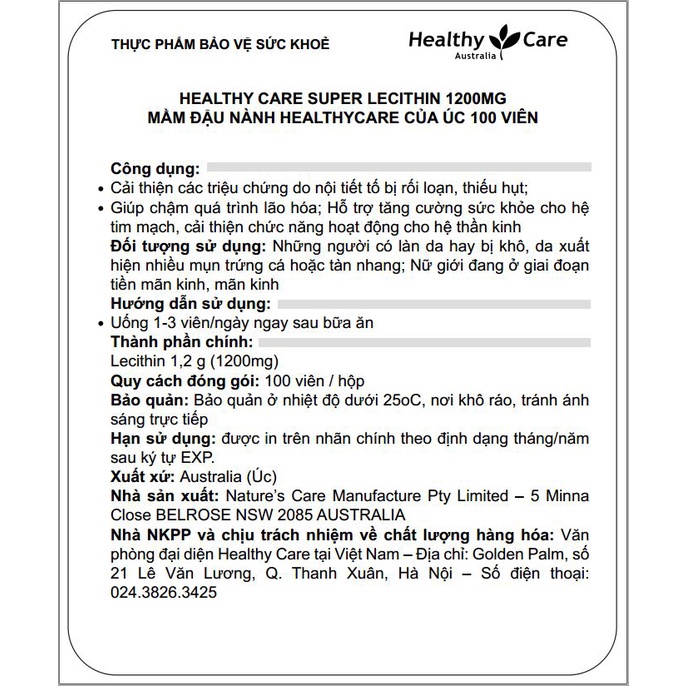 Mầm đậu nành Healthy Care Super Lecithin 100 viên của Úc