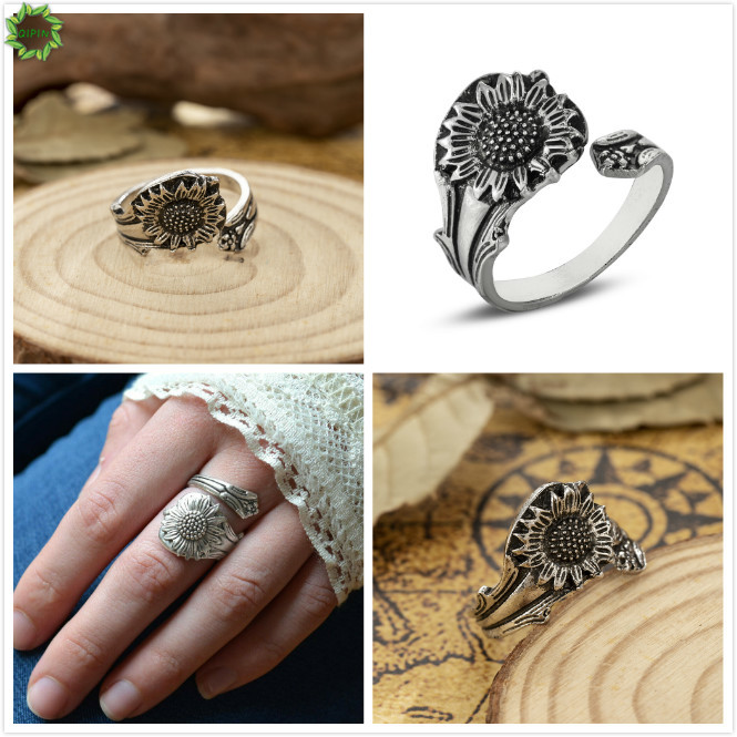 Nhẫn Hở Hình Muỗng Và Hoa Hướng Dương Phong Cách Boho