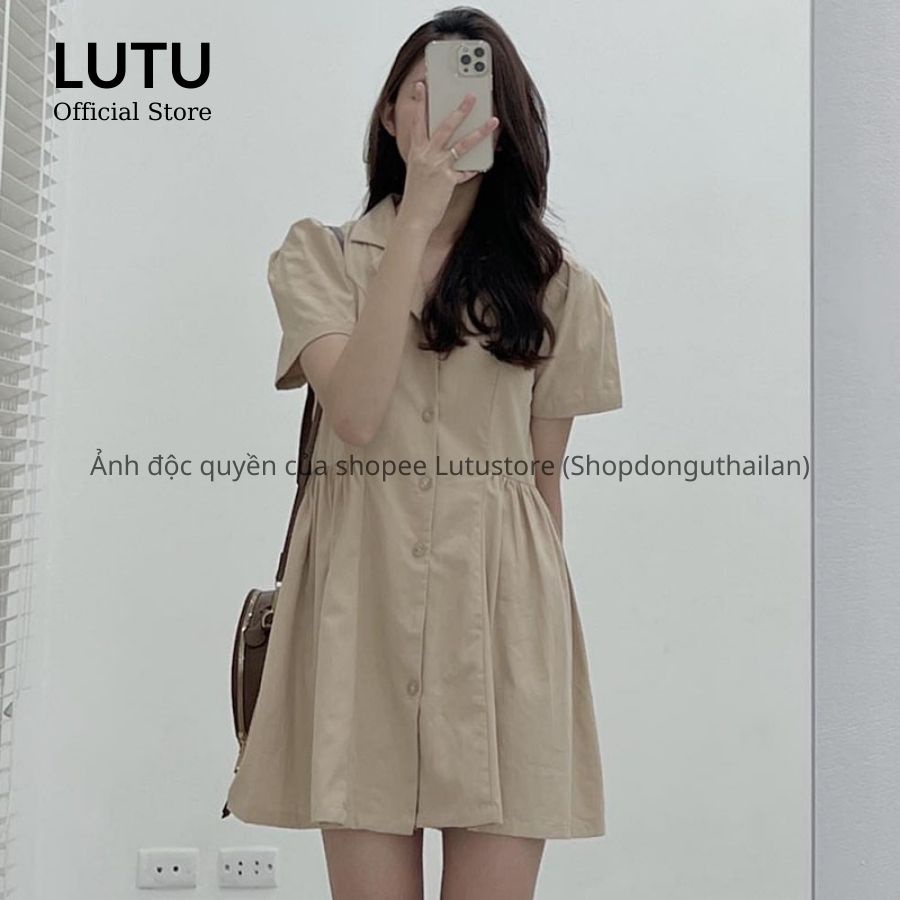 Váy sơ mi tay bồng chiết eo dáng chữ A chất mềm mát phong cách vintage