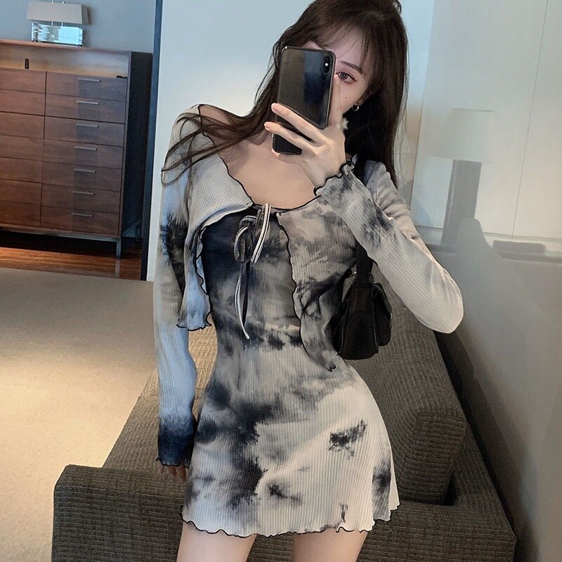 Set Đầm Ôm Có Áo Khoác Ngoài Tay Dài Nhuộm Màu Loang Thiết Kế Tôn Dáng | BigBuy360 - bigbuy360.vn