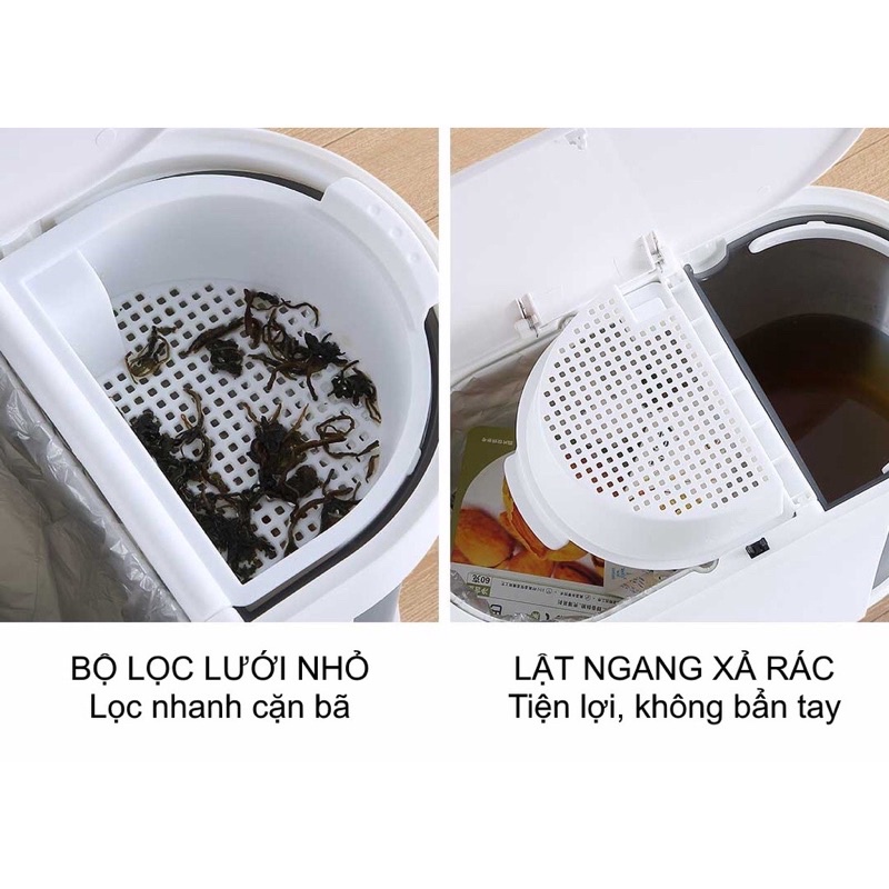 Thùng rác đa năng để phòng khách có 2 ngăn chia rác khô và nước, khay lọc bã trà tiện lợi