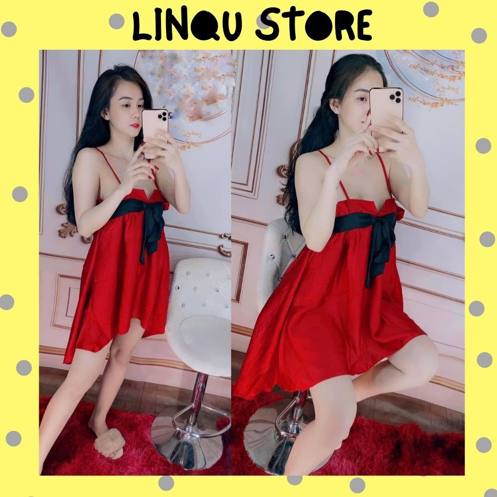 Váy ngủ sexy - Váy ngủ sexy lụa satin cột nơ trước ngực dễ thương Freesize dưới 60kg