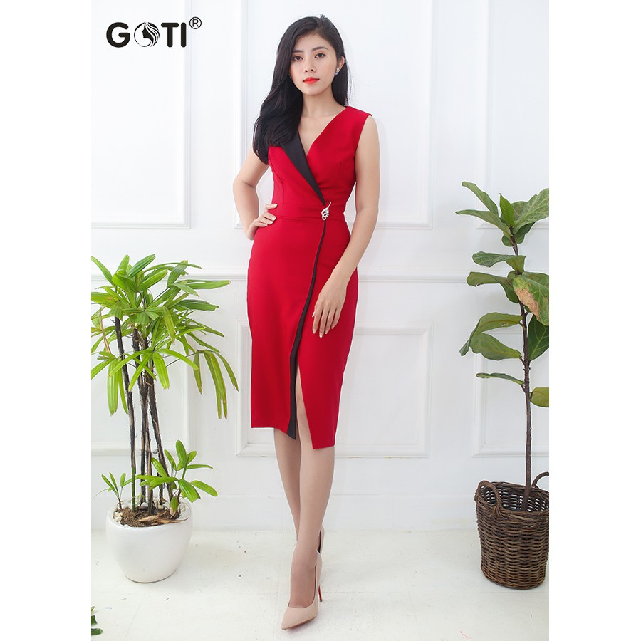 [GOTI -  Hình Thật Sản Phẩm] Đầm Ôm Dự Tiệc Kiểu Cổ Chữ V Xẻ Tà Phối Phụ Kiện Eo Màu Đen Phối Viền Đỏ 3047