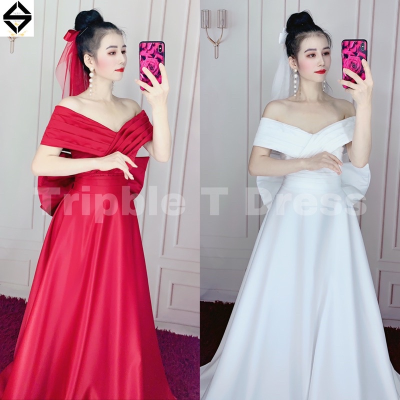 Đầm maxi cưới vẹt vai xếp ly sang trọng chất phi taffeta kèm nơ to TRIPBLE T DRESS - size S/M/L- MS184Y