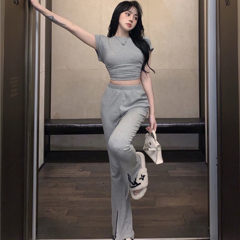 COZOK Set Áo Thun Tay Ngắn Hở Lưng + Quần Dài Lưng Cao Thời Trang Nữ