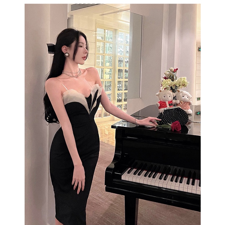 Đầm Dự Tiệc Màu Đen Cổ Chữ V Dáng Ôm Phong Cách Thời Trang Pháp Dành Cho Nữ