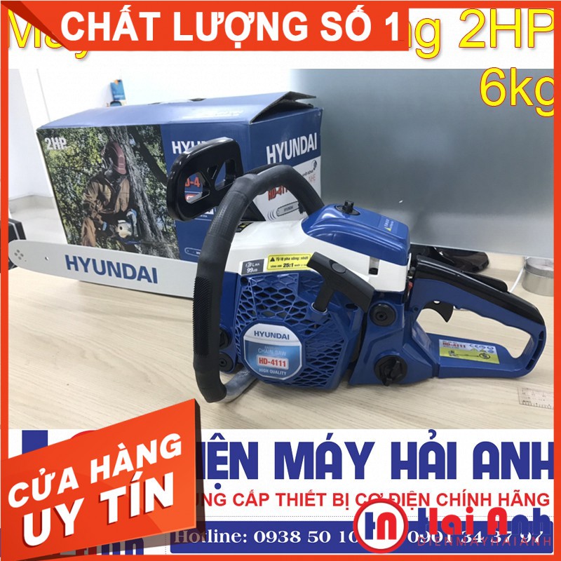 Máy cưa xích mini chạy xăng Hyundai HD-4111 chính hãng, công suất 2HP, giật trợ lực, xích Mỹ Oregon. BH 8 tháng