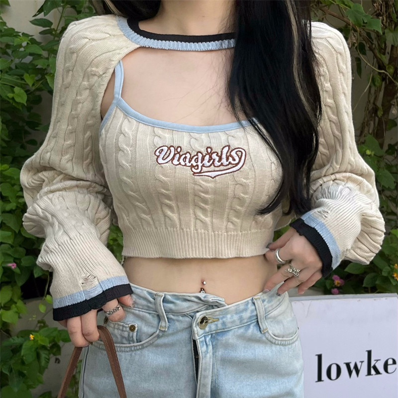 Bộ Áo Dệt Kim Sát Nách Dáng Rộng Thêu Họa Tiết + Áo Tay Dài Thời