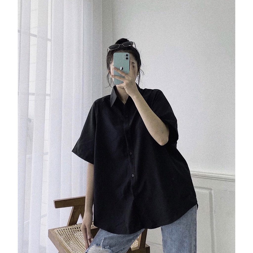Áo Sơ Mi Ngắn Tay Nam Nữ Unisex Basic TRƠN Vải Cotton Lụa Trắng Và Đen - Kiểu sơ mi tay cộc tay nam Leevin Store