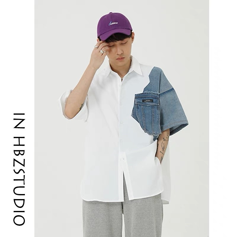 Áo sơ mi hàn quốc xẻ tà cho nam - tay lửng phối jean rách phong cách unisex