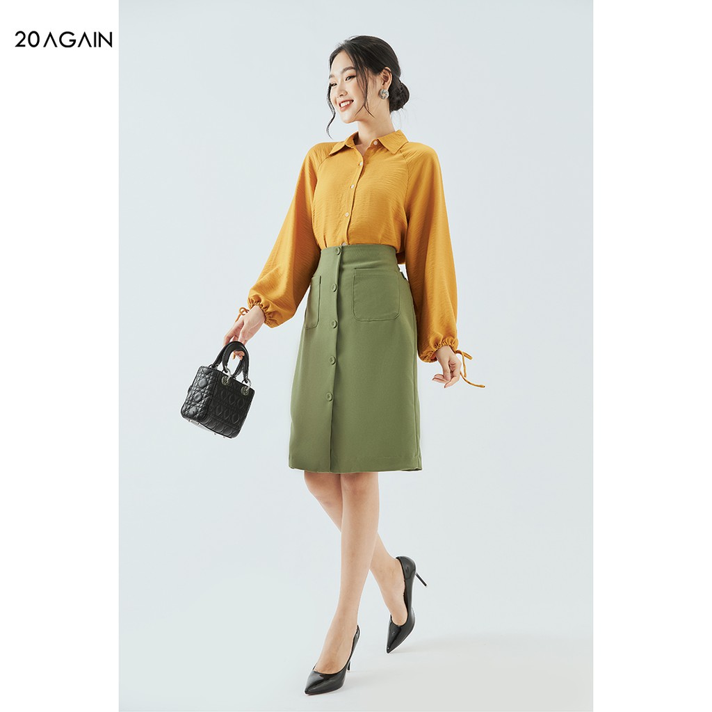 [Mã WABR20A30 giảm 10% đơn 99K] Áo sơ mi nữ dài tay cổ đức 20AGAIN tay bồng buộc dây thiết kế công sở ASA1671