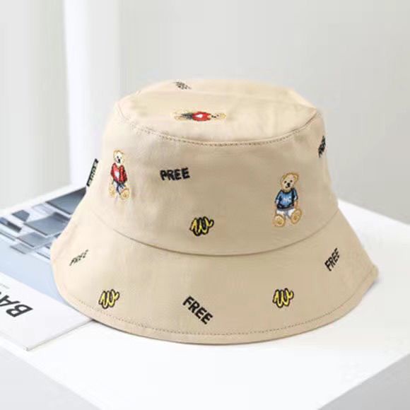 Mũ bucket màu đen họa tiết gấu hoạt hình phong cách Hàn Quốc thời trang mùa hè cho nữ
