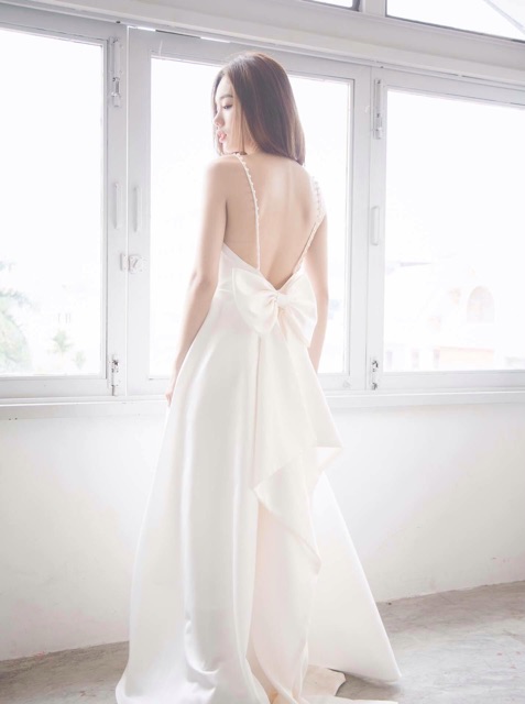 👗Đầm Dạ Hội Maxi Phi Trắng Hai Dây Nơ Lưng Tà Dài Sang Trọng Đầm Dự Tiệc DH5238001 MAXI YẾN
