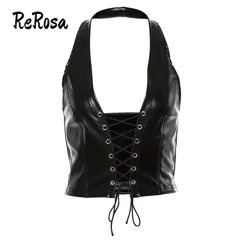 Rerosa Áo Tank Top Da PU Buộc Dây Cổ Thời Trang Quyến Rũ Cho Nữ