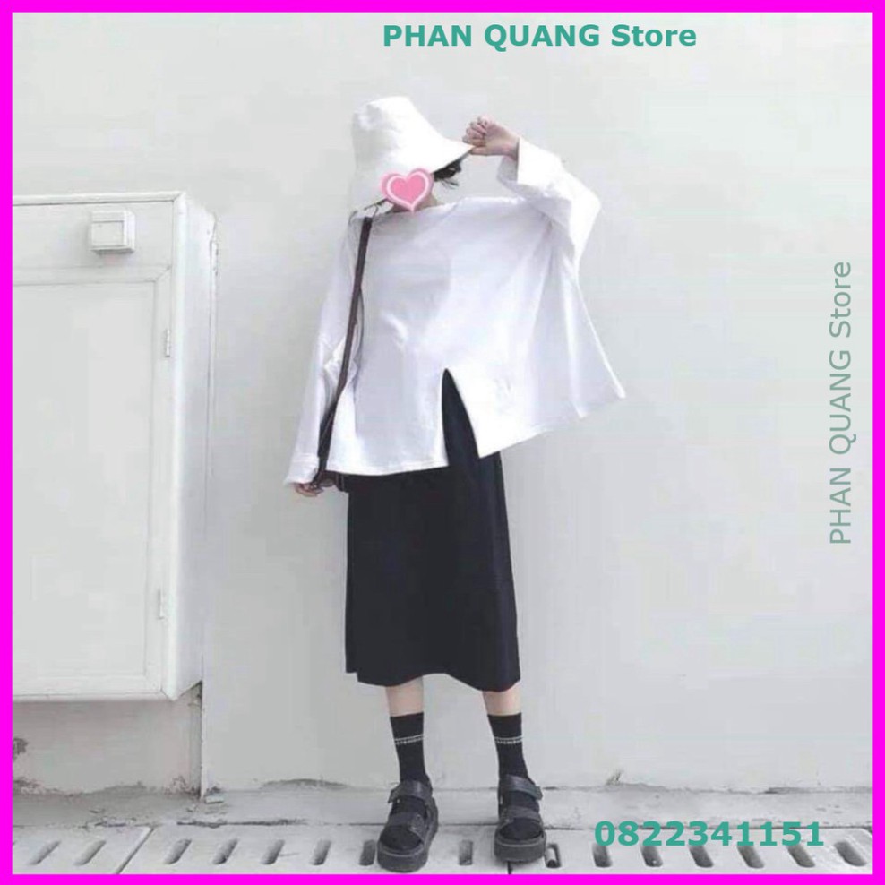 👗 ÁO THUN NỈ NỮ DÀI TAY XẺ VẠT ĐEN TRẮNG FORM RỘNG ULZZANG - (Sp sẵn) PQ-Shop