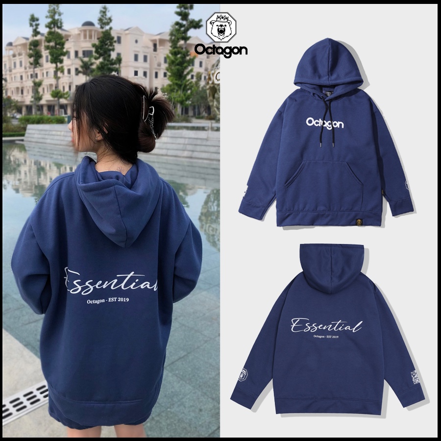 Áo Hoodie Nỉ Bông OCTAGON ESSENTIAL Màu Xanh Navy Form Rộng