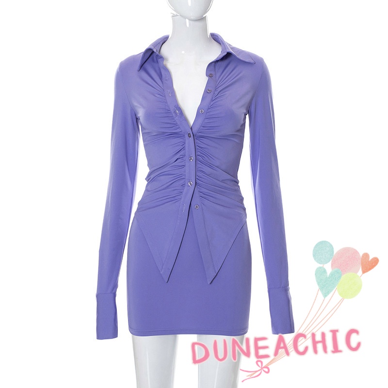 DUNEA Bộ Áo Polo Dài Tay + Chân Váy Xinh Xắn Dành Cho Nữ