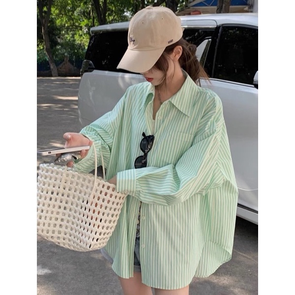 Áo sơmi xanh kẻ sọc 1 túi loại đẹp form rộng style Hàn Quốc kèm hình thật