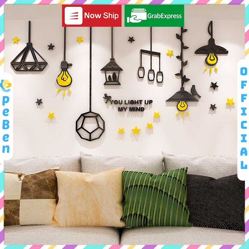 Tranh dán tường mica 3d decor khổ lớn đèn thả treo sáng tạo kiểu mới trang trí phòng khách phòng ngủ Nhiều Size - EPeBen