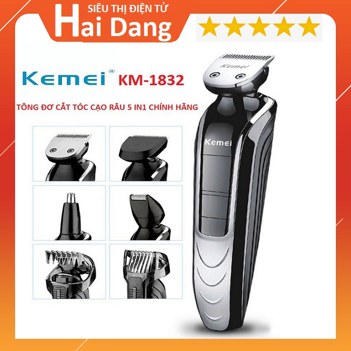 Tông Đơ, Máy Cạo Râu 5 in1 Cắt Tóc Tỉa Lông Mũi Chính Hãng Kemei Model KM-1832