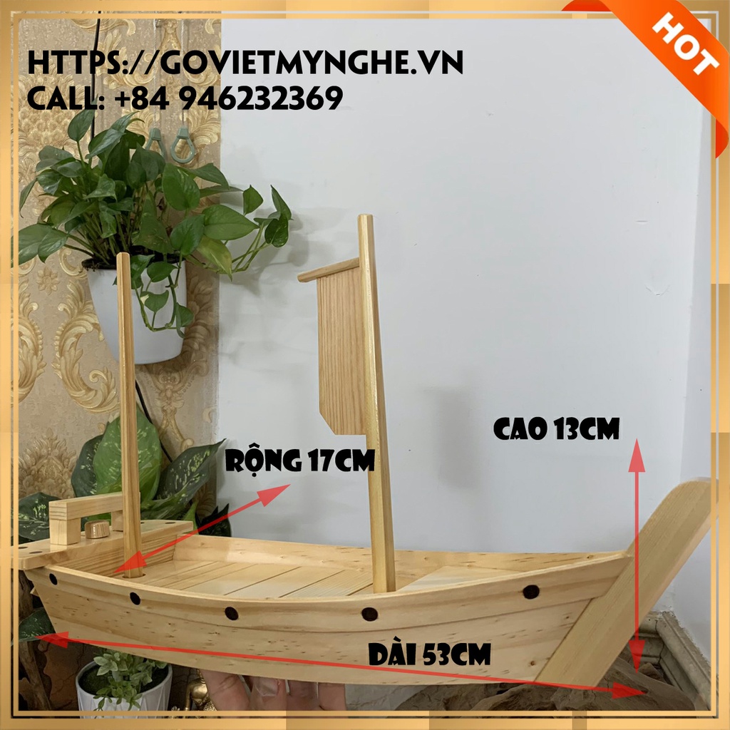 Khay thuyền gỗ sushi sashimi thuyền gỗ trang trí trưng bày món ăn Nhật Bản | Dài 63cm - 2 Cột buồm