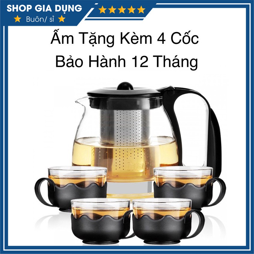 Bộ Ấm Pha Trà Thủy Tinh Lưới Lọc Inox Tặng Kèm 4 Ly Thủy Tinh Siêu Hot