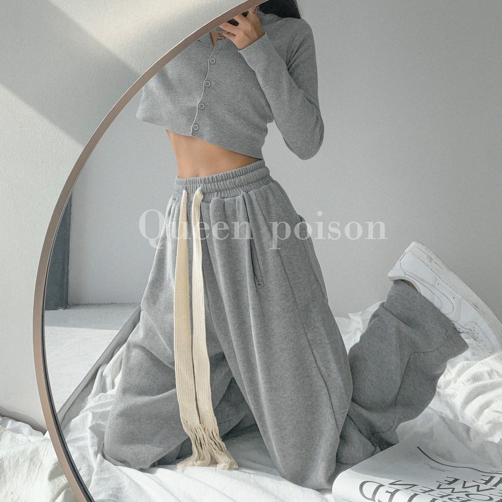 Quần thể thao ống rộng lưng cao phong cách Âu Mỹ thời trang xuân thu dành cho nữ