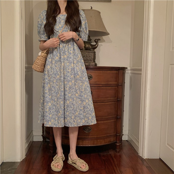 Đầm babydoll hoa nhí có dây buộc eo tay phồng ulzzang - V14FG BROWN