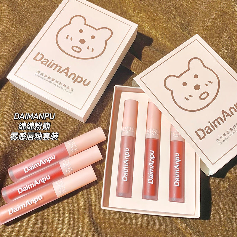 Set 3 Son Kem Lì Mịn Mượt Như Nhung Giữ Ẩm Môi Thiết Kế Vỏ Hình Gấu Dễ Thương