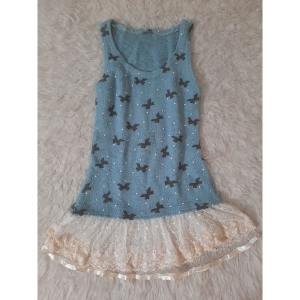 Áo Sweater Dệt Kim Phối Dây Ruy Băng Màu Xanh Dương Đáng Yêu Phong Cách Vintage