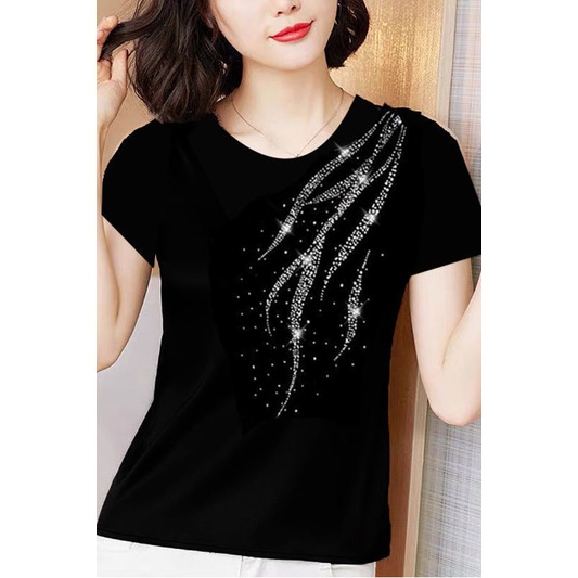 Áo Thun Tay Ngắn Cổ Tròn Màu Đen Đính Đá Đen Chất Liệu cotton Nguyên Chất Phong Cách Phương Tây Dành Cho Nữ Trung Niên n100