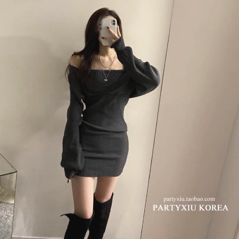 đầm váy len body mix 2 dây liền trong kiểu nơ buộc lưng sexy (120#)