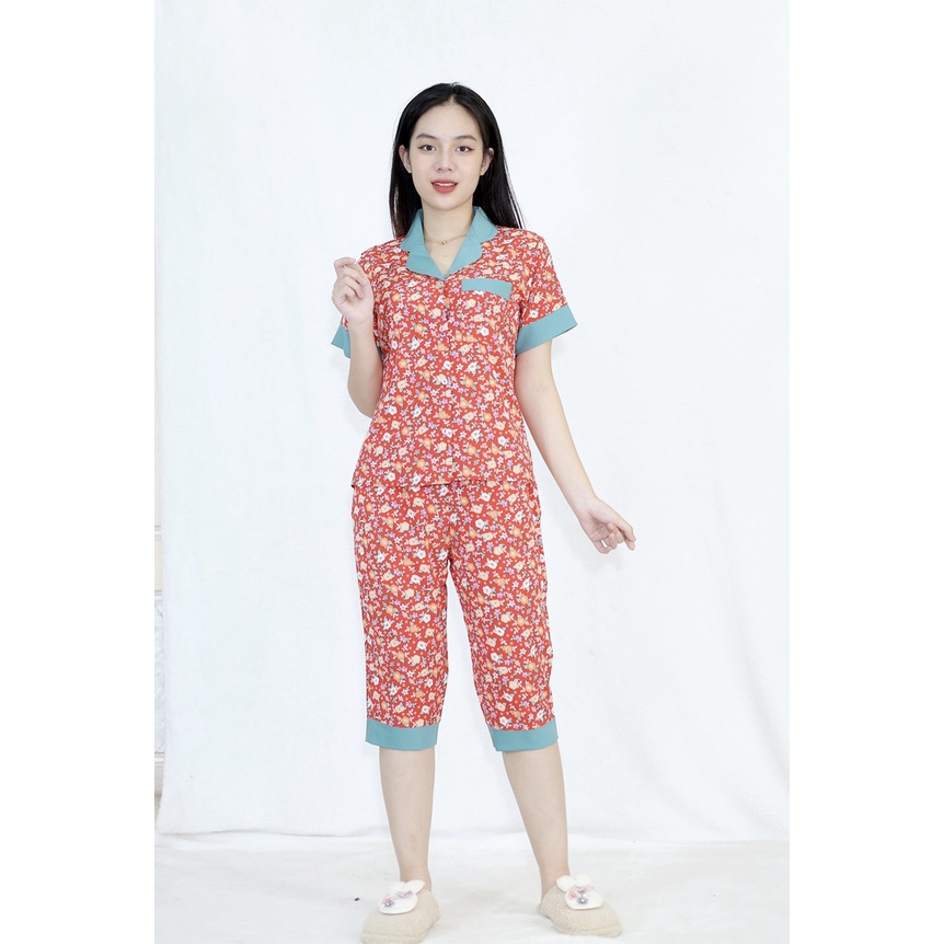Bộ đồ bộ LỬNG ĐỎ PHA CỔ XANH siêu lụa - Thoải Mái Nhẹ Nhàng