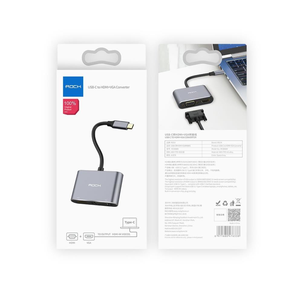Cáp USB-C to HDMI+VGA Converter Rock - Hàng chính hãng