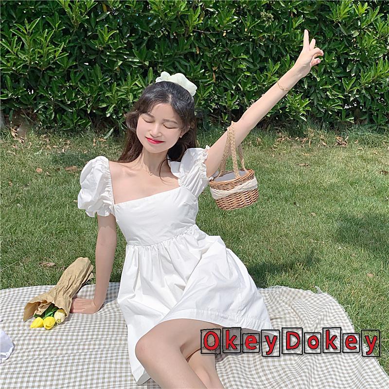 Đầm Cổ Vuông Tay Phồng Ngắn Hở Lưng Thắt Nơ Thời Trang Cho Nữ