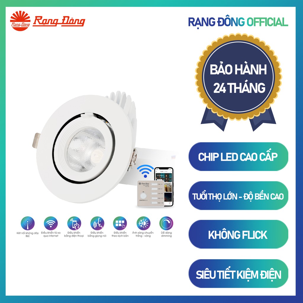 Đèn LED âm trần xoay góc điều khiển từ xa bằng Bluetooth/Wi-Fi Rạng Đông model AT18.BLE 100/9W